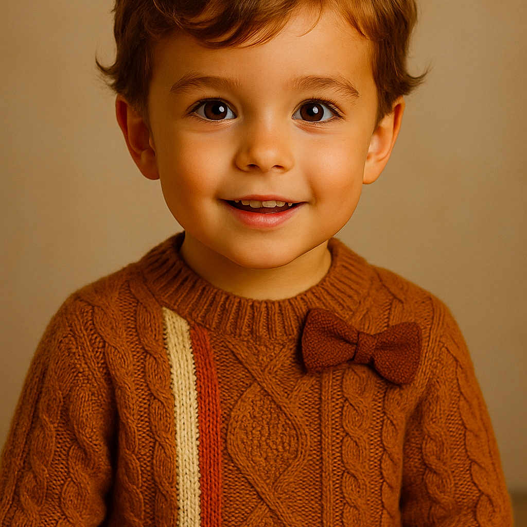 Ellyot a rejoint le concours — aidez-le/la à gagner de superbes lots ! bow_tie, brown_hair, cable_knit, child, closeup, cozy, cute, face, fashion, happy, head_and_shoulders, indoors, knitwear, person, portrait, smiling, studio_lighting, sweater, warm_colors, young