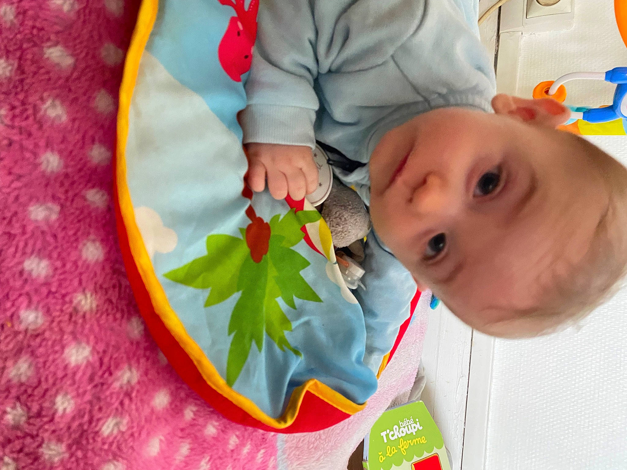 Leewan participe au concours pour gagner de l'argent avec cette photo : baby, baby_products, baby_toddler_clothing, child, circle, fashion_accessory, fun, gesture, happy, linens, orange, pattern, people_in_nature, person, plant, play, product, room, sleeve, toddler