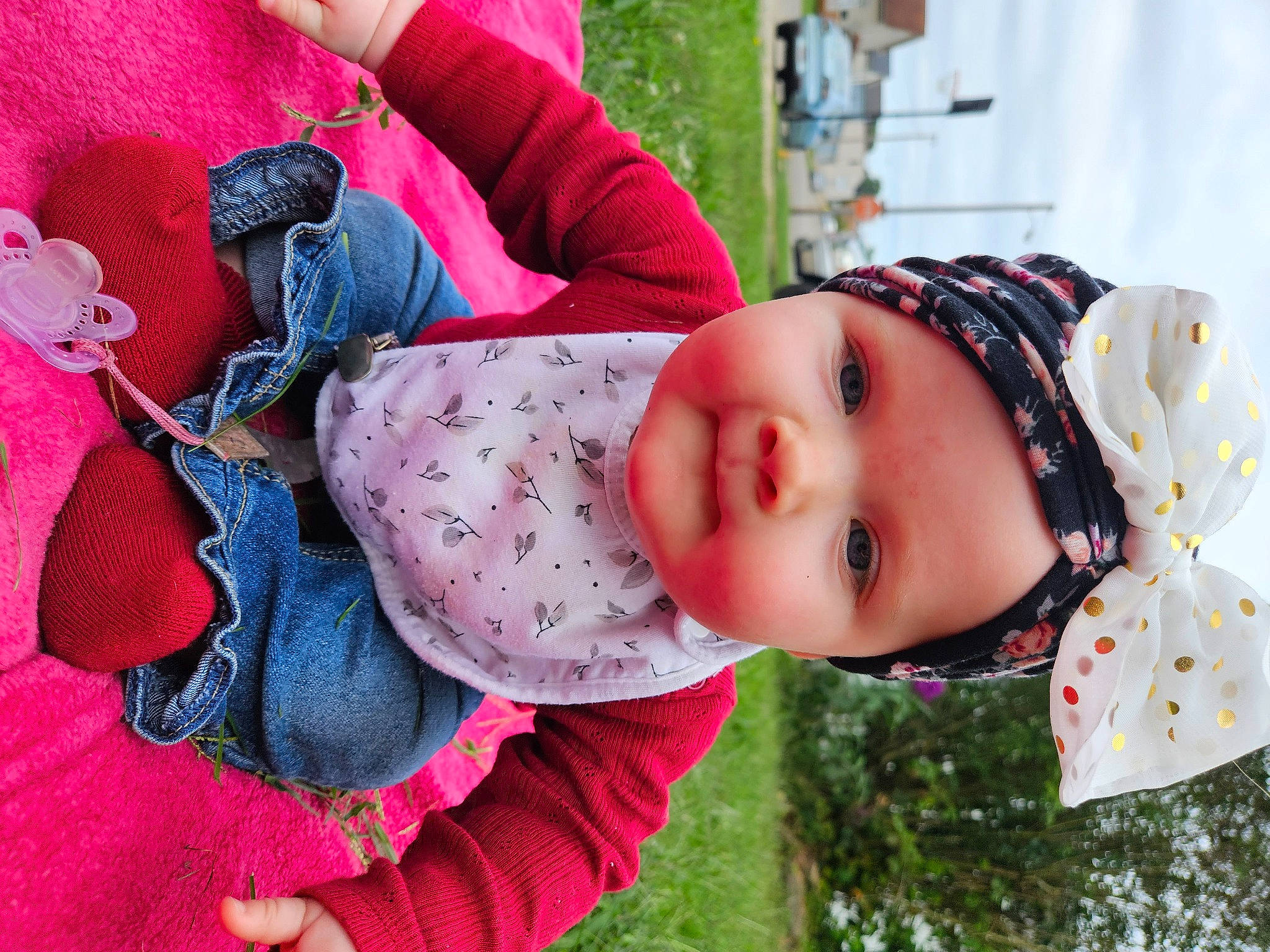 Jaylynn joined the competition — help win amazing prizes! baby, baby_toddler_clothing, child, eye, grass, happy, hat, headwear, leaf, leisure, lip, pattern, people_in_nature, person, pink, plant, red, skin, smile, toddler