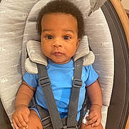 Kycen joined the competition — help win amazing prizes! baby, infant, child, blue_onesie, baby_seat, safety_harness, curly_hair, indoor, cushion, cute, face, looking_at_camera, young_child, hand, legs, skin, person, seated, expression, portrait