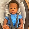 baby, infant, child, blue_onesie, baby_seat, safety_harness, curly_hair, indoor, cushion, cute, face, looking_at_camera, young_child, hand, legs, skin, person, seated, expression, portrait