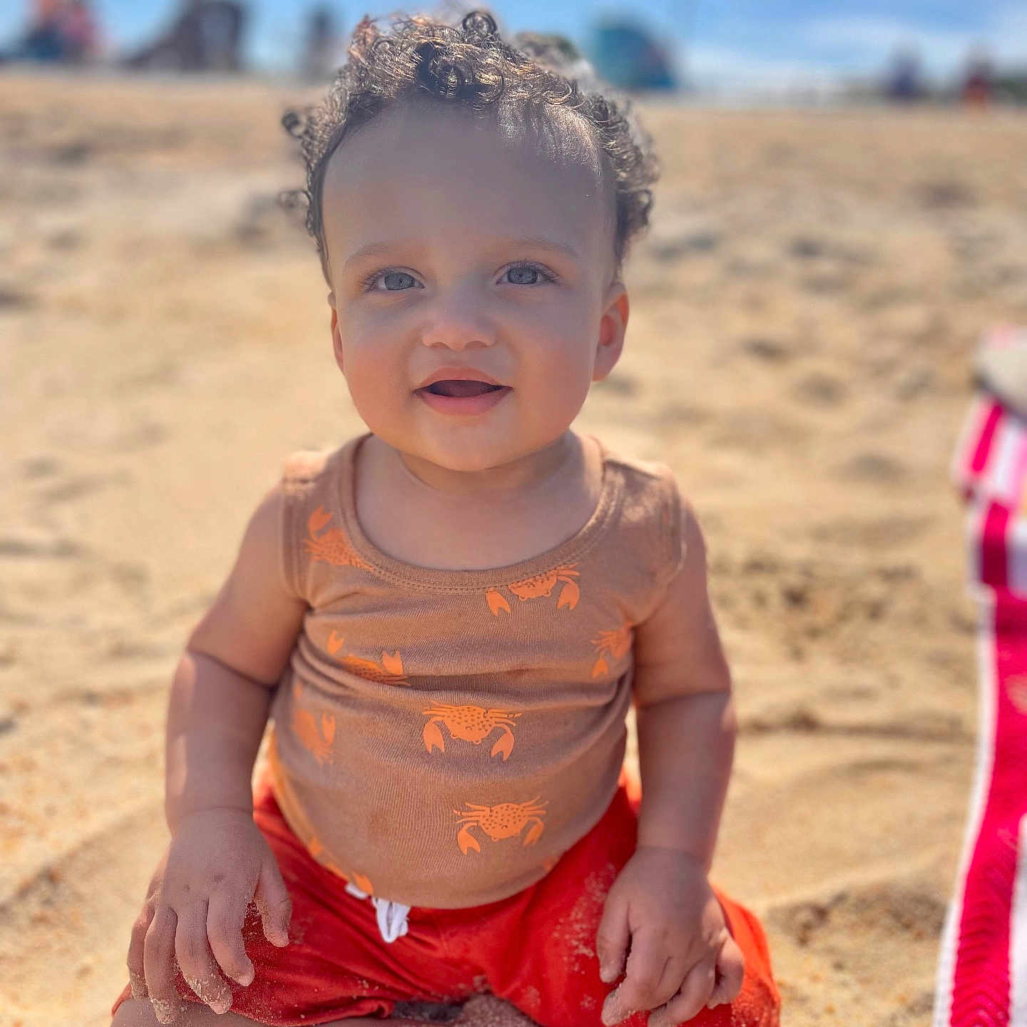 Prince joined the competition — help win amazing prizes! baby, beach, beachwear, clothing, coast, face, fitness, happy, head, nature, outdoors, person, photography, portrait, sea, shoreline, shorts, sitting, smile, water