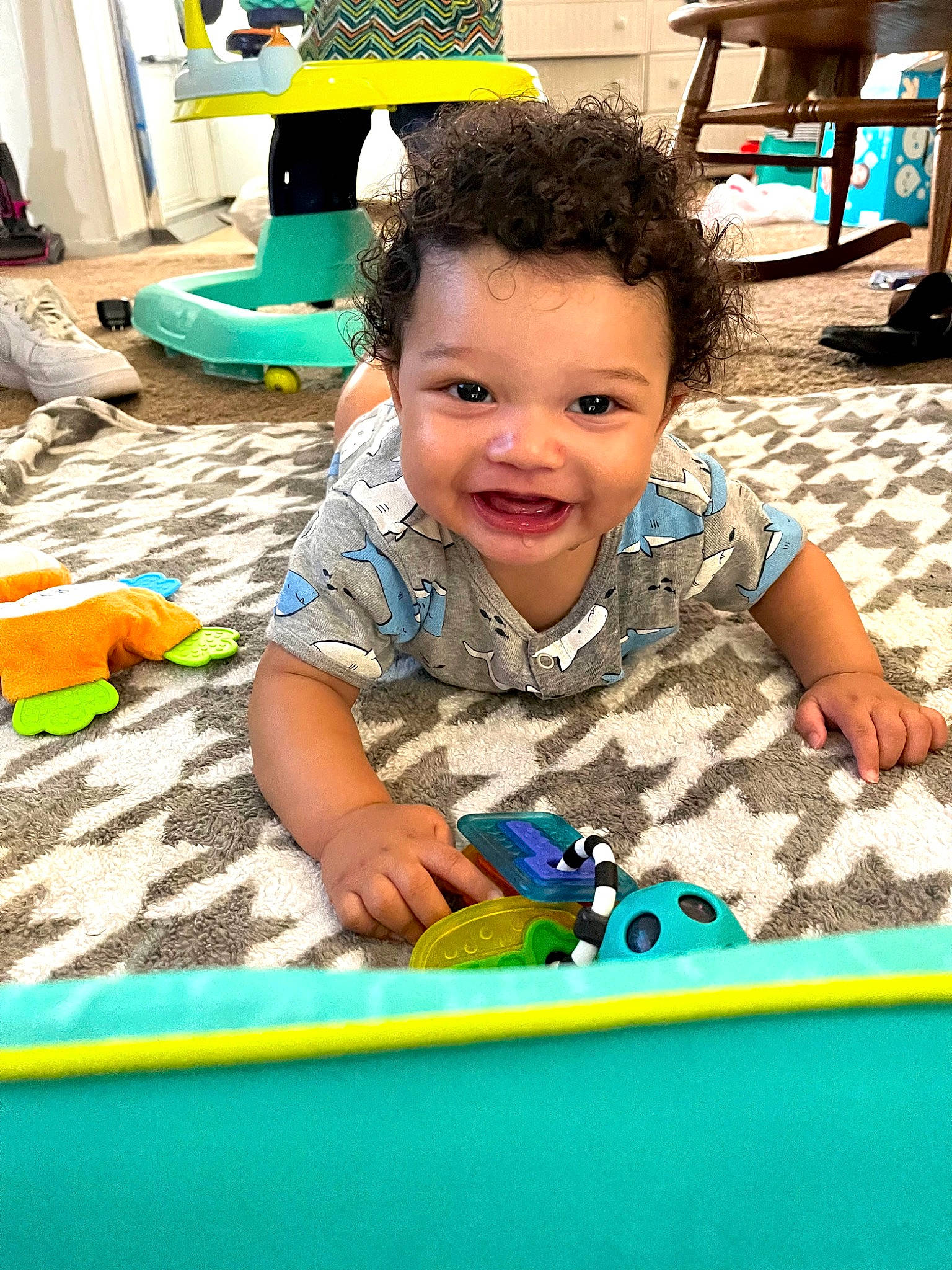 Xavi joined the competition — help win amazing prizes! baby, baby_toddler_clothing, chair, child, flooring, fun, games, happy, joy, leisure, person, photograph, play, recreation, room, sitting, smile, summer, t_shirt, toddler