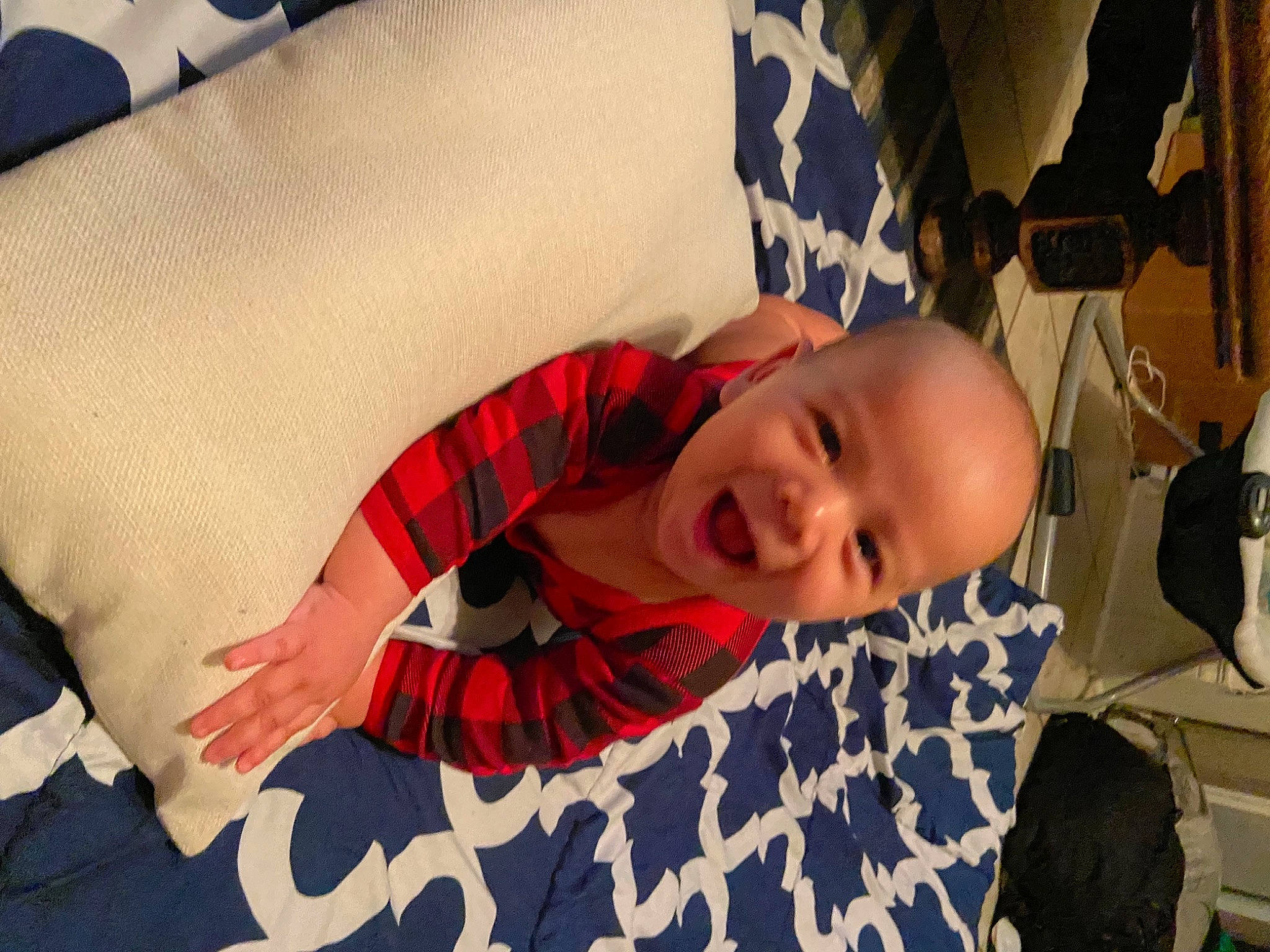 Jameson joined the competition — help win amazing prizes! carmine, child, comfort, couch, elbow, flooring, fun, happy, human_leg, linens, pattern, person, plaid, room, sitting, sleeve, smile, textile, toddler, tree