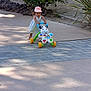 child, cute, dress, fun, greenery, hat, nature, outdoor, path, pavement, plants, play, shadow, shoes, summer, sunlight, toddler, toy, walker, young_child