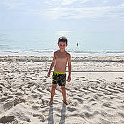 Ryan participe au concours pour gagner de l'argent avec cette photo : child, boy, beach, sand, ocean, water, sunlight, shadow, sky, clouds, swim_shorts, barefoot, summer, outdoor, vacation, shore, waves, smiling, portrait, daytime