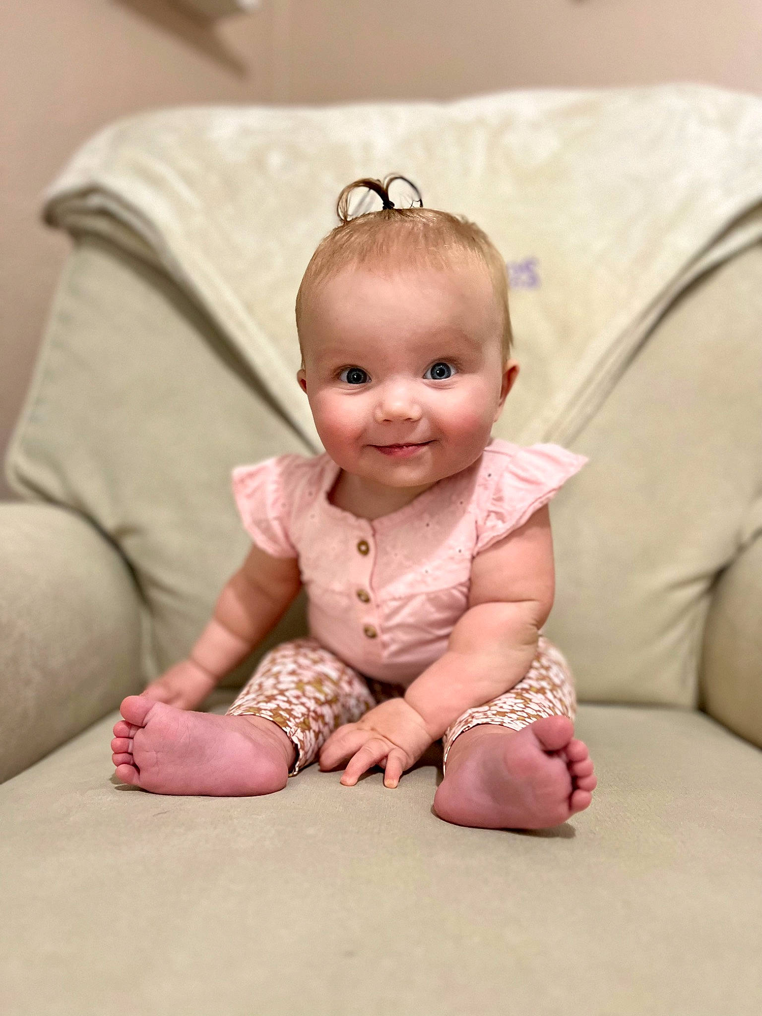 Nola joined the competition — help win amazing prizes! baby, baby_toddler_clothing, cheek, child, comfort, couch, eye, face, flash_photography, fun, happy, head, iris, jewellery, joy, person, pink, sitting, skin, sleeve