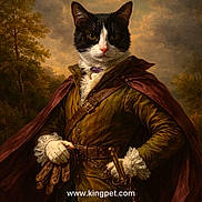 Dennis The Menace joined the competition — help win amazing prizes! cat, portrait, historical_clothing, gloves, cape, sword, forest, outdoor, animal, feline, costume, noble, artistic, painting_style, whiskers, fur, nature, dramatic_lighting, collar, expression