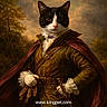cat, portrait, historical_clothing, gloves, cape, sword, forest, outdoor, animal, feline, costume, noble, artistic, painting_style, whiskers, fur, nature, dramatic_lighting, collar, expression