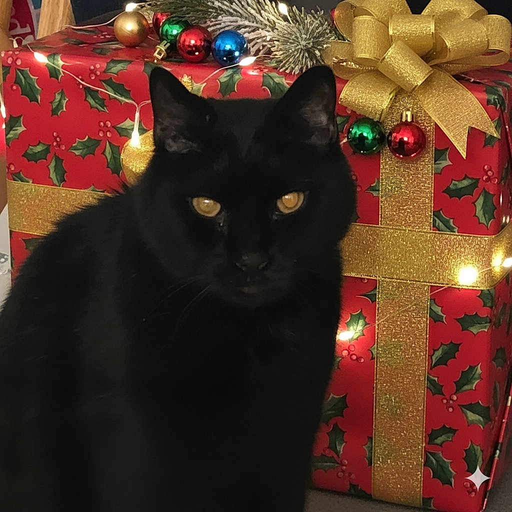 Brian joined the competition — help win amazing prizes! black_cat, cat, christmas_present, holiday, gift_wrap, golden_ribbon, christmas_ornaments, red_wrapping_paper, holly_pattern, decorations, festive, indoor, pet, animal, feline, black_fur, golden_eyes, close_up, christmas_lights, celebration