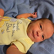 Penelopy joined the competition — help win amazing prizes! newborn, baby, infant, child, portrait, lying_down, blue_blanket, yellow_clothing, onesie, wide_eyes, face, smiling, indoor, close_up, soft_blanket, baby_clothing, arms, legs, photography, cute
