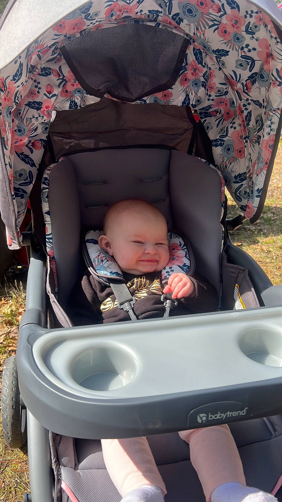 Josie is registered to the contest to win money with this photo: auto_part, baby, baby_carriage, baby_products, baby_safety, baby_toddler_clothing, child, comfort, fun, grass, green, person, photograph, pink, product, sitting, snapshot, tire, toddler, wheel