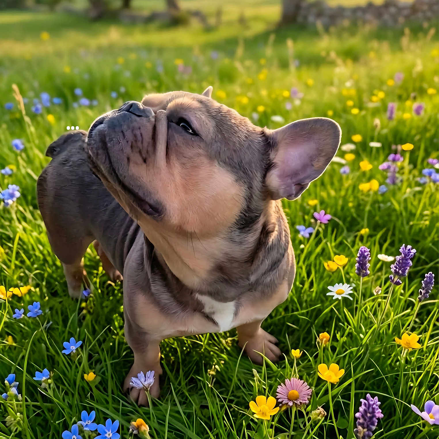 Hinata participe au concours pour gagner de l'argent avec cette photo : dog, french_bulldog, grass, wildflowers, outdoor, nature, sunlight, meadow, greenery, pet, animal, spring, summer, flora, colorful, cute, canine, portrait, field, daylight