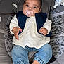 Alma a rejoint le concours — aidez-le/la à gagner de superbes lots ! baby, baby_seat, bare_feet, child, clothing, comfort, cushion, cute, expression, face, hands, indoor, infant, jeans, pacifier, seated, skin, toy, vest, white_blouse