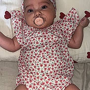 Alma participe au concours pour gagner de l'argent avec cette photo : adorable, arms, baby, bed, blanket, child, comfort, cute, face, floral_outfit, headband, heart_pattern, indoors, infant, legs, lying_down, pacifier, resting, skin, young