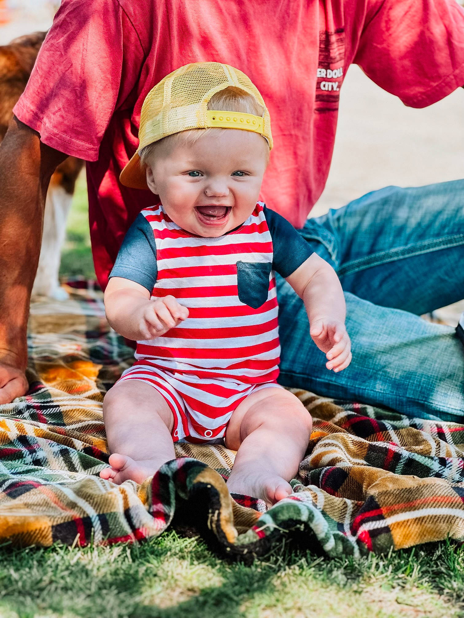 Koa joined the competition — help win amazing prizes! baby, baby_toddler_clothing, face, fun, grass, happy, head, headgear, headwear, human, leaf, mammal, orange, people_in_nature, person, photograph, pink, product, red, smile