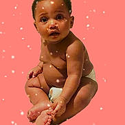 Beatrice is registered to the contest to win money with this photo: baby, infant, diaper, skin, face, sitting, cute, child, sparkles, emoji, digital_effect, pink_background, expression, portrait, young, human, barefoot, chubby, looking, isolated