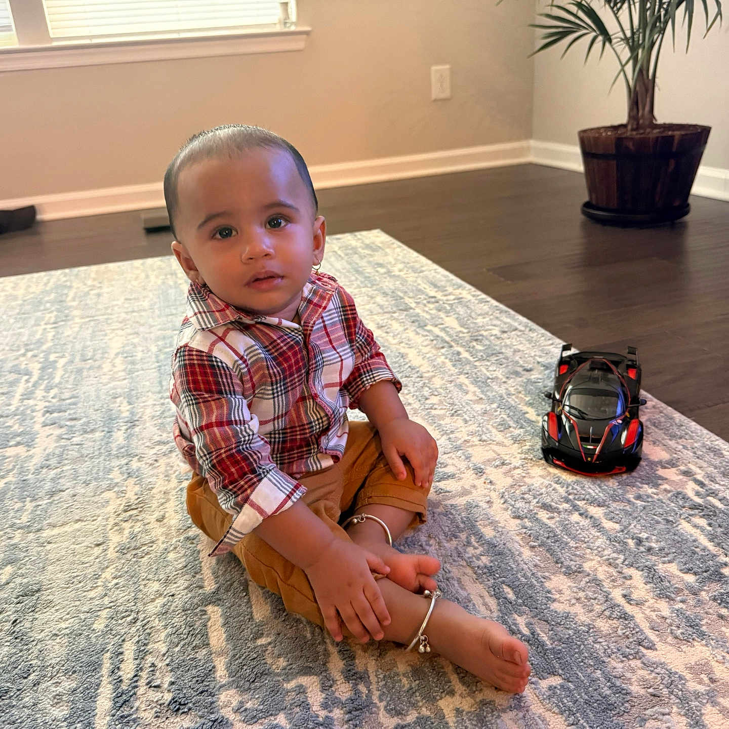 Vihansh is registered to the contest to win money with this photo: barefoot, bracelets, carpet, child, curious, floor, furniture, home, indoor, light, living_room, pants, person, plaid_shirt, plant, sitting, toddler, toy_car, window, wood_floor
