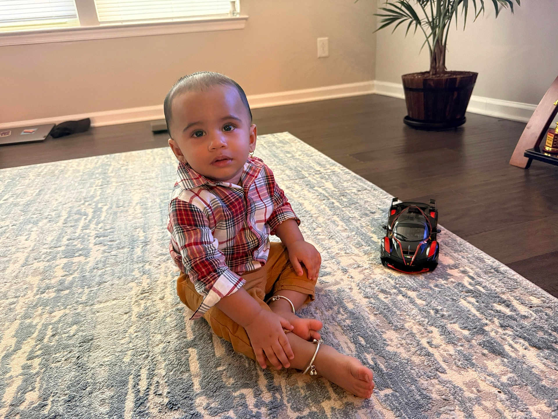Vihansh is registered to the contest to win money with this photo: toddler, child, indoor, carpet, toy_car, plaid_shirt, pants, barefoot, bracelets, floor, plant, window, light, living_room, person, furniture, wood_floor, curious, sitting, home