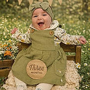 Raelynn is registered to the contest to win money with this photo: baby, infant, three_months, milestone, outdoors, meadow, flowers, daisies, headband, bow, green_dress, floral_sleeves, smiling, laughing, sitting, wooden_sign, blanket, wooden_bench, bunting, socks