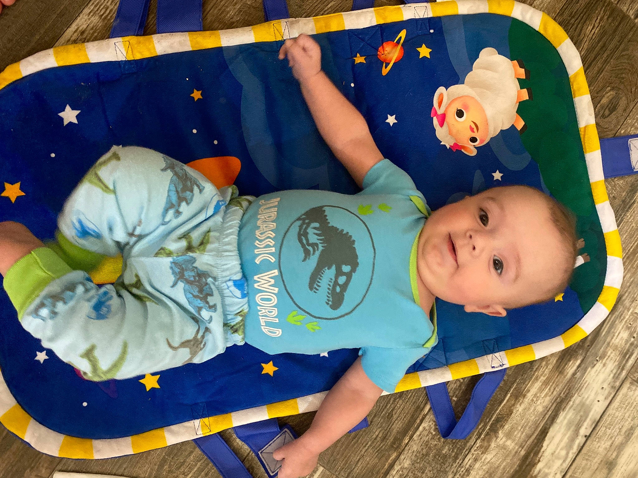 Junior is registered to the contest to win money with this photo: baby, baby_products, baby_safety, baby_toddler_clothing, baby_toys, child, electric_blue, fun, happy, leisure, person, play, sitting, smile, toddler, toy, wood
