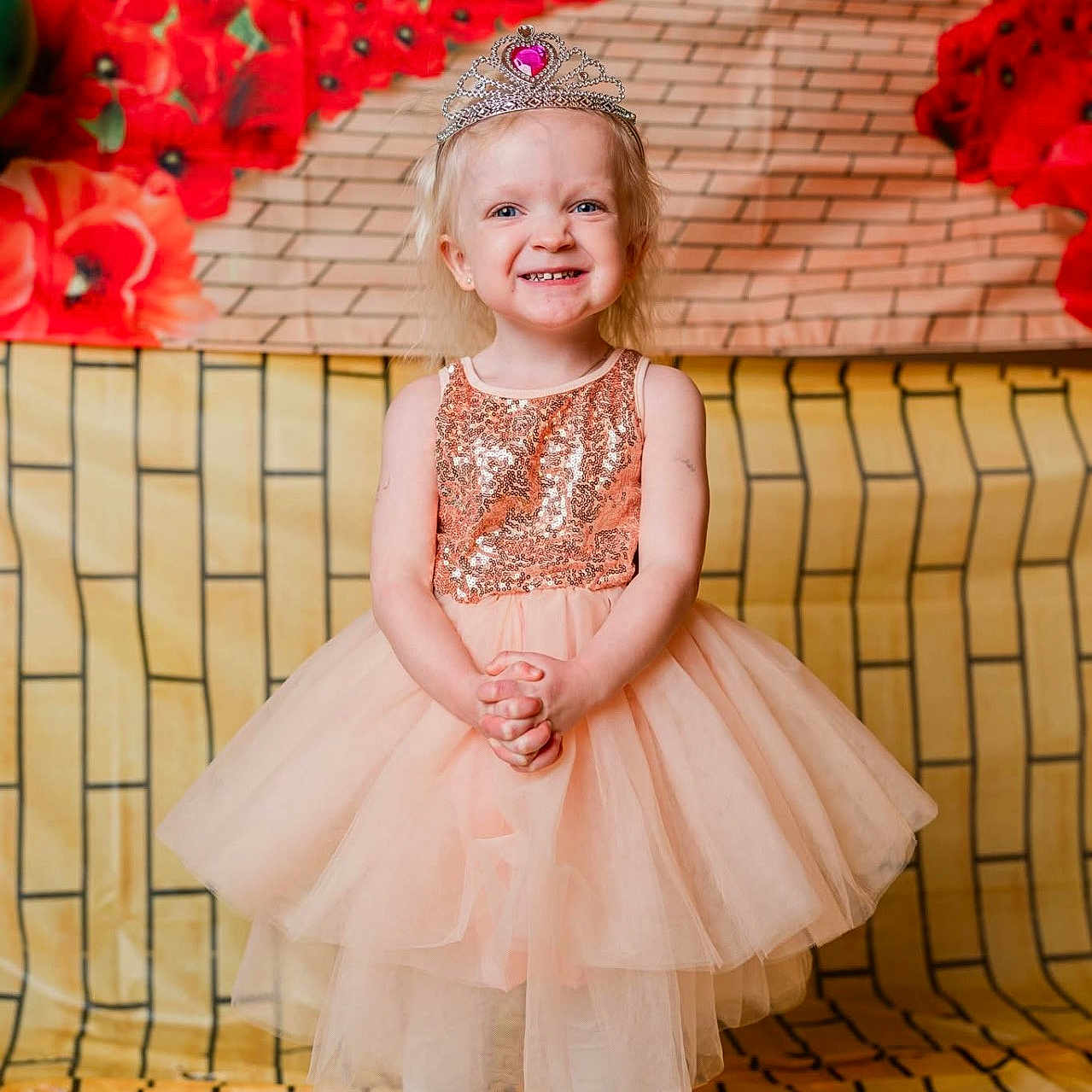Aspen joined the competition — help win amazing prizes! child, girl, princess, dress, tiara, smile, posing, yellow_brick_road, background, happy, tights, ballerina, costume, portrait, standing, blonde, sparkly, cute, fashion, indoor