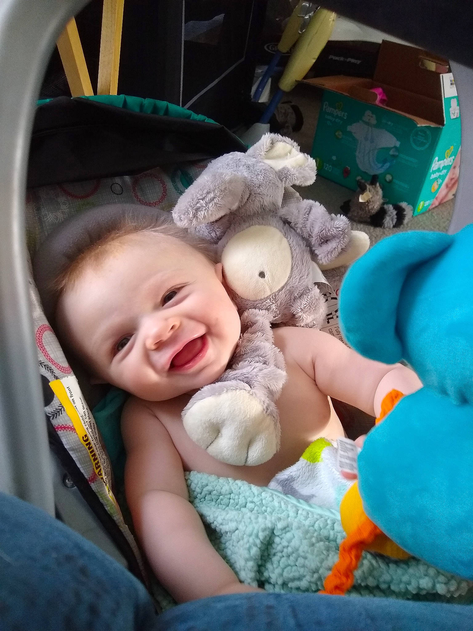 Wyatt is registered to the contest to win money with this photo: automotive_lighting, baby, baby_carriage, baby_products, car_seat, child, comfort, happy, mammal, motor_vehicle, mouth, person, product, skin, smile, stuffed_toy, textile, toddler, toy, vehicle_door