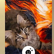Tiger is registered to the contest to win money with this photo: kitten, cat, fluffy, animal, pet, cute, feline, tabby, fur, eyes, blanket, tiger_pattern, orange, black, white, indoor, cozy, resting, curious, young