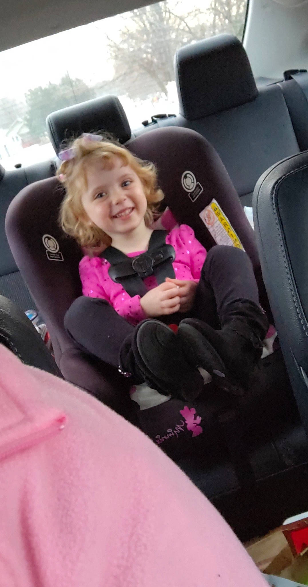 Clara Grace joined the competition — help win amazing prizes! automotive_exterior, automotive_window_part, baby_in_car_seat, baby_toddler_clothing, blond, car_seat, car_seat_cover, comfort, eye, head_restraint, joy, luxury_vehicle, motor_vehicle, mouth, nose, person, pink, shoe, sitting, toddler
