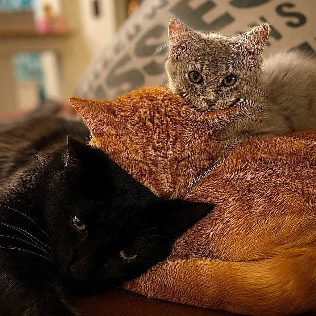 Jonah Archie Asher joined the competition — help win amazing prizes! animal, black_cat, cat, closeup, companion, cozy, cute, domestic_cat, fur, gray_cat, indoor, kitten, orange_cat, pets, pile, relaxed, resting, sleeping, snuggling, stacked