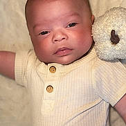 Azarin is registered to the contest to win money with this photo: baby, infant, face, child, cute, teddy_bear, plush_toy, blanket, clothing, ribbed_shirt, wooden_buttons, portrait, soft_light, lying_down, comfort, innocence, skin, expression, warm_colors, closeup