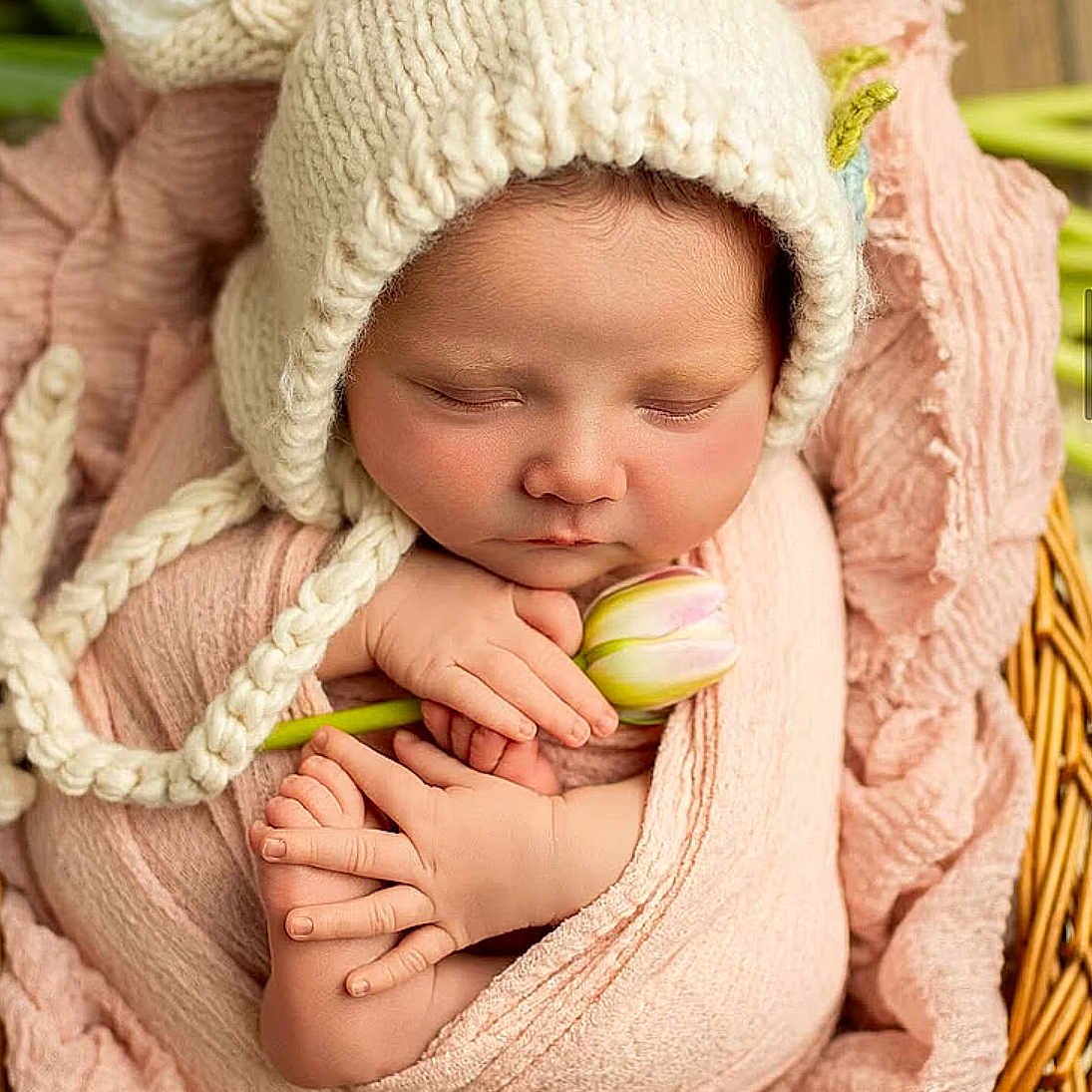 Arely Marianna is registered to the contest to win money with this photo: baby, basket, blanket, closeup, cozy, cream, feet, flower, hands, infant, knitted_hat, newborn, peaceful, pink, portrait, rest, sleeping, soft_texture, tulip, wrapped