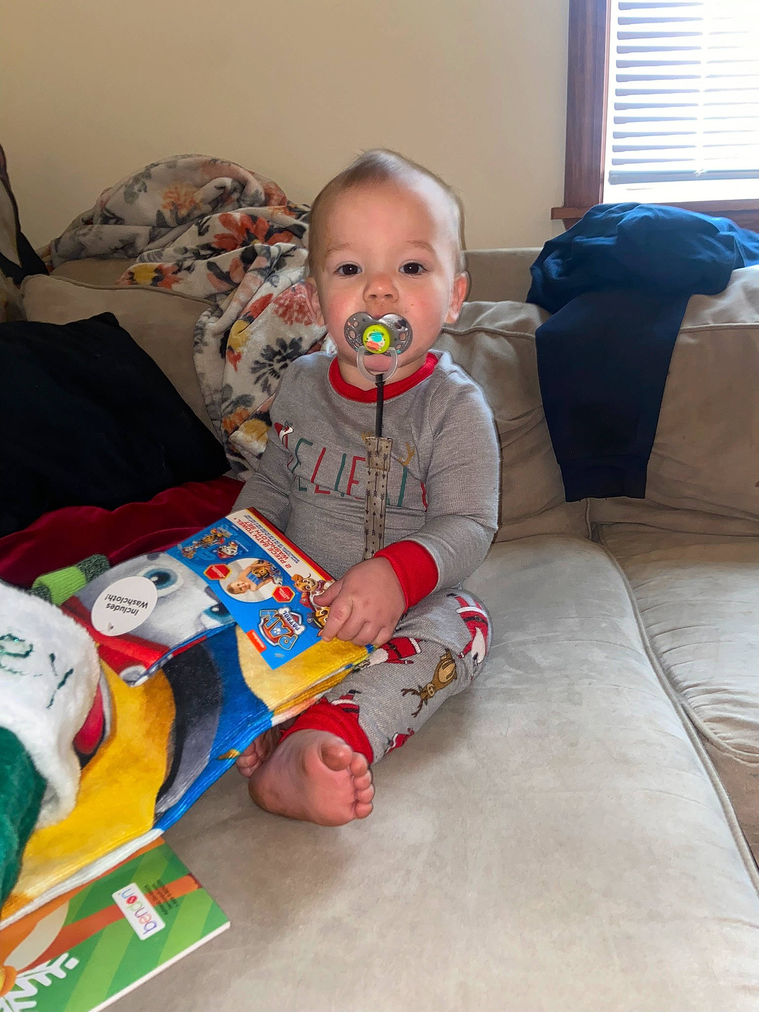 Finley joined the competition — help win amazing prizes! baby, baby_toddler_clothing, carmine, child, comfort, couch, flooring, fun, happy, head, holiday, lap, living_room, person, play, room, sitting, smile, toddler, window