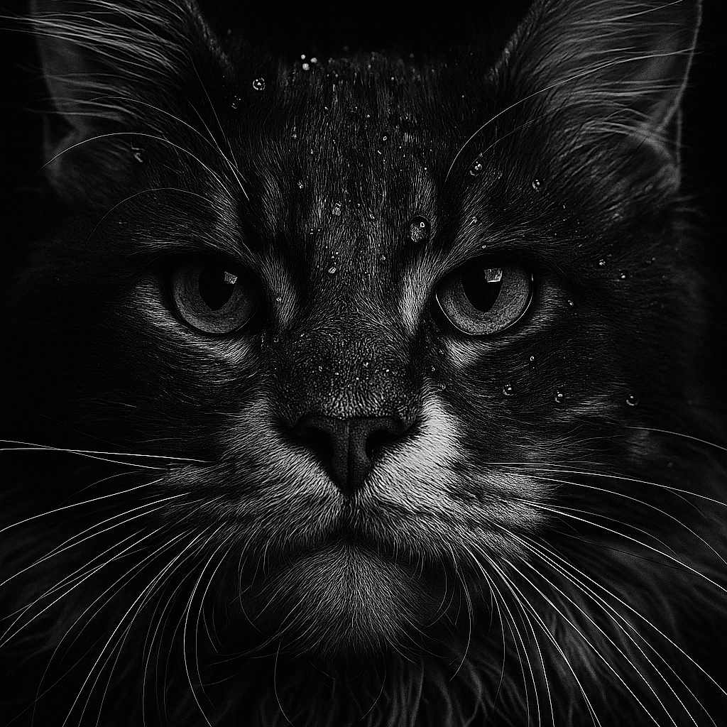 Ryū participe au concours pour gagner de l'argent avec cette photo : animal, black_and_white, cat, close_up, dark_background, detailed, eyes, face, feline, fur, intense_gaze, macro, mammal, monochrome, moody, pet, portrait, studio_lighting, water_droplets, whiskers