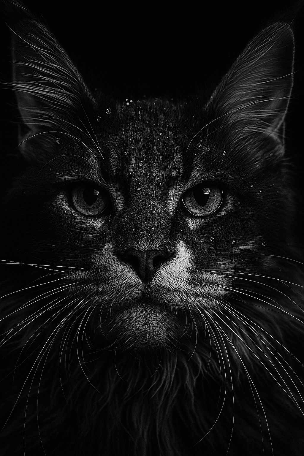 Ryū participe au concours pour gagner de l'argent avec cette photo : animal, black_and_white, cat, close_up, dark_background, detailed, eyes, face, feline, fur, intense_gaze, macro, mammal, monochrome, moody, pet, portrait, studio_lighting, water_droplets, whiskers