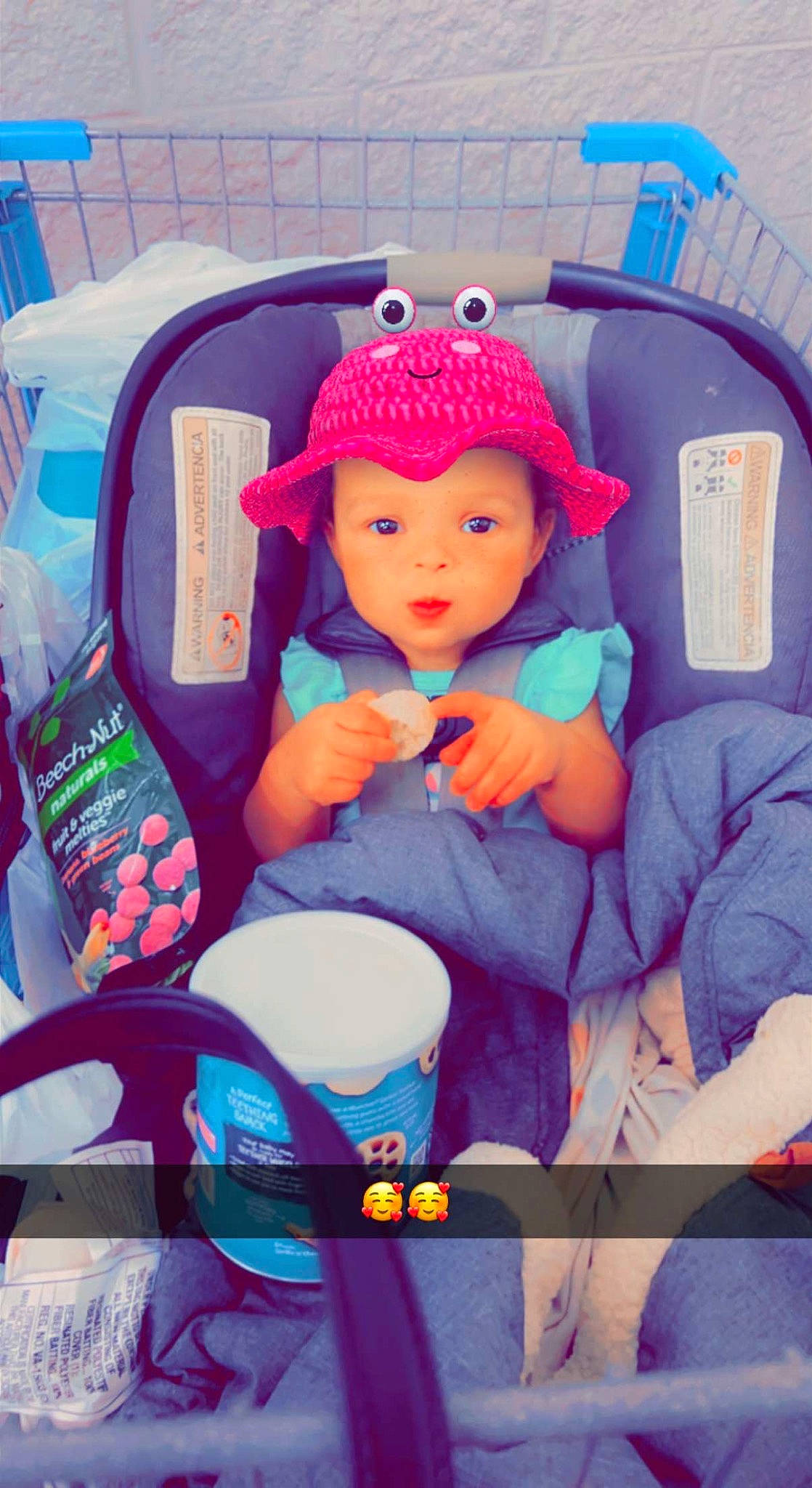 Aubrey joined the competition — help win amazing prizes! baby_carriage, baby_products, baby_toddler_clothing, cap, car_seat, child, cool, doll, electric_blue, fashion_accessory, fun, headgear, headwear, leisure, magenta, person, pink, purple, textile, toy