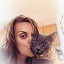 Loki is registered to the contest to win money with this photo: woman, cat, kiss, pet, gray_cat, face, portrait, indoor, love, affection, close_up, hair, collar, ring, cabinet, hand, expression, feline, human, soft_focus