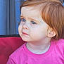 Piper is registered to the contest to win money with this photo: blue_eyes, casual_clothing, child, close_up, contemplative, curly_hair, cute, expression, face, innocent, natural_light, outdoor, person, pink_shirt, portrait, red_hair, seated, side_view, toddler, young_child