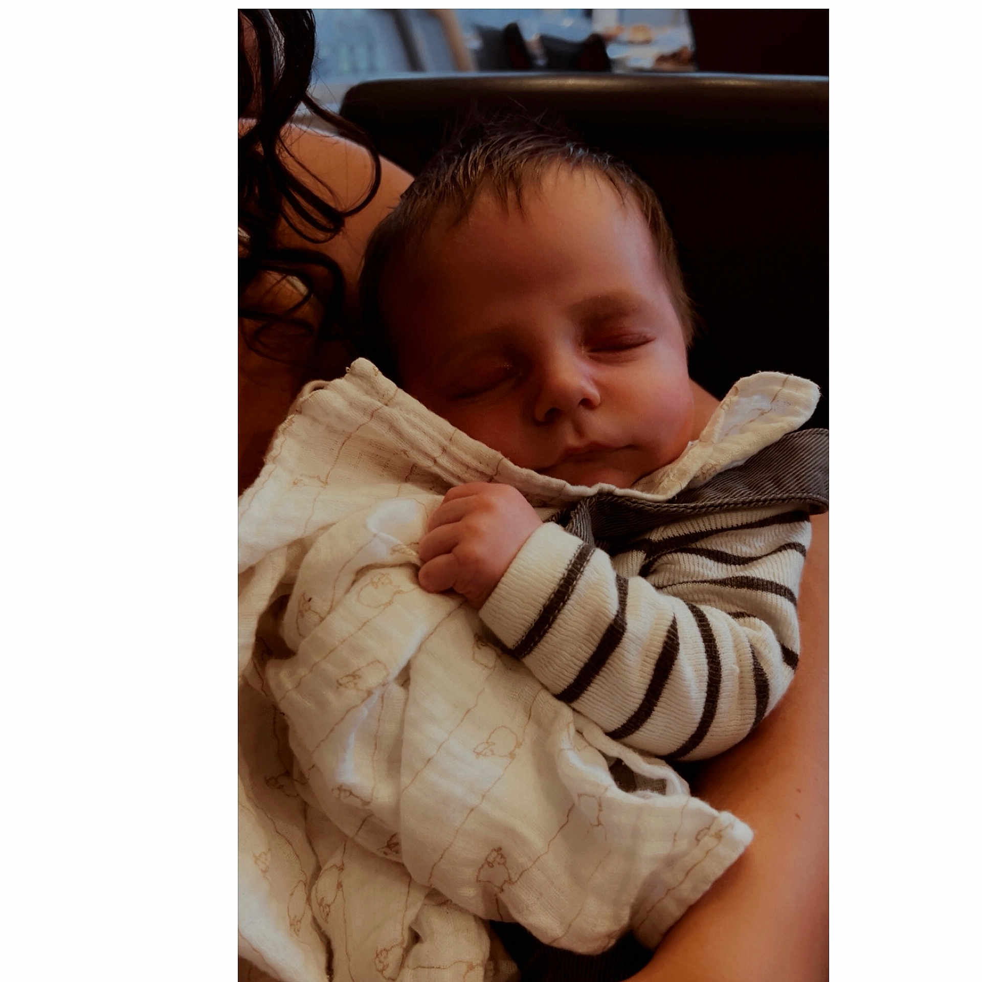Oliver is registered to the contest to win money with this photo: arm, baby, blanket, calm, child, closeup, cozy, cute, holding, indoor, infant, newborn, peaceful, person, portrait, resting, sleeping, soft_light, striped_clothing, tender