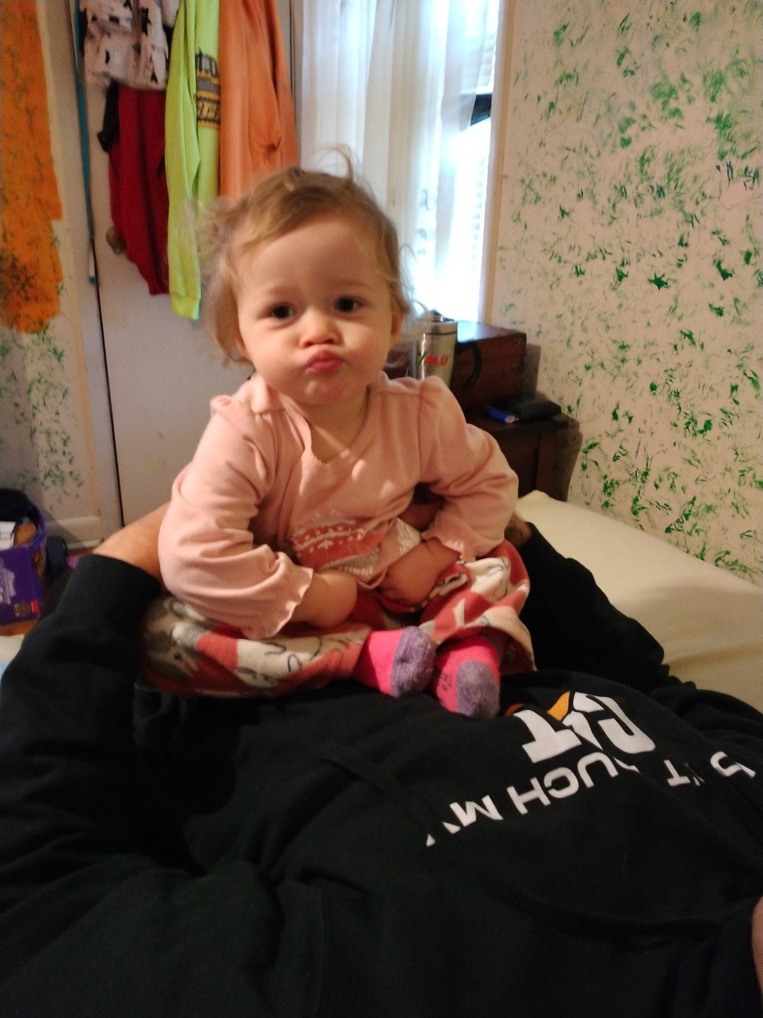 Olivia joined the competition — help win amazing prizes! baby, baby_toddler_clothing, cheek, child, comfort, curtain, finger, flooring, fun, human_leg, lap, nail, person, pink, room, sitting, skin, sleeve, thumb, toddler