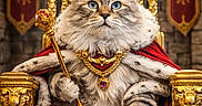 Baxter is registered to the contest to win money with this photo: banner, blue_eyes, cape, cat, crown, feline, fluffy, golden_throne, indoor, jewelry, king, luxury, medieval, ornate, portrait, red_cape, regal, royalty, scepter, throne