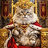 banner, blue_eyes, cape, cat, crown, feline, fluffy, golden_throne, indoor, jewelry, king, luxury, medieval, ornate, portrait, red_cape, regal, royalty, scepter, throne