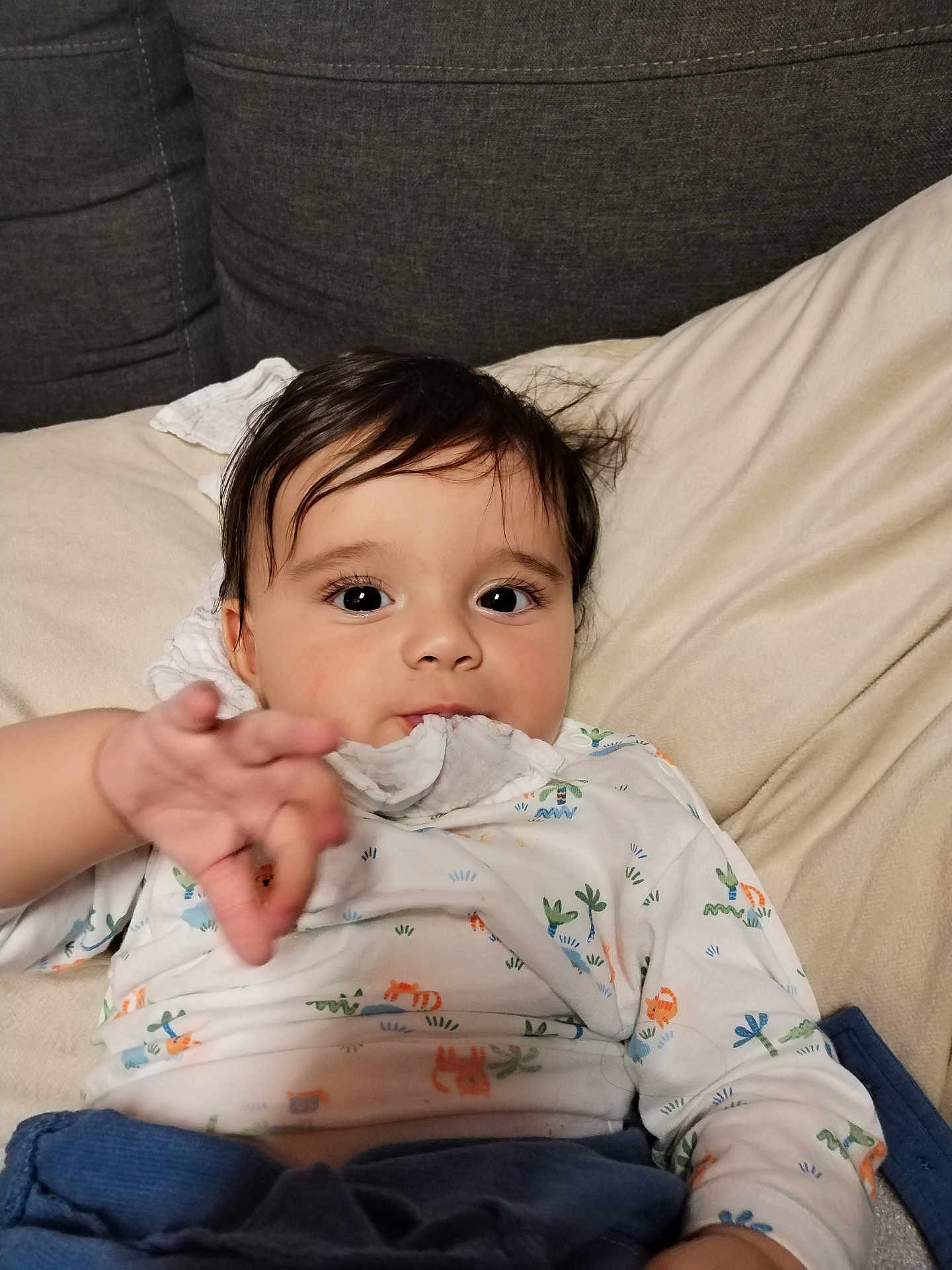 Youcef a rejoint le concours — aidez-le/la à gagner de superbes lots ! baby, child, infant, couch, clothing, onesie, hand, face, eyes, hair, indoors, pillow, blanket, sitting, cute, expression, person, young, portrait, reaching
