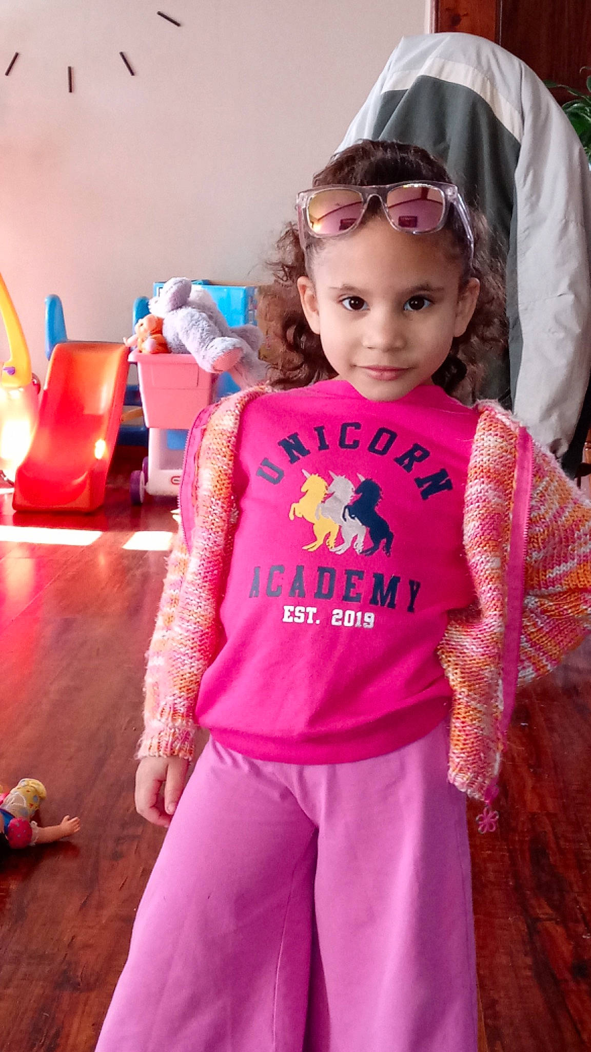 Amiya joined the competition — help win amazing prizes! baby_toddler_clothing, child, costume, event, eyewear, fashion_accessory, fashion_design, flooring, fun, hairstyle, happy, joy, magenta, person, pink, purple, sleeve, smile, sunglasses, textile