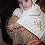 Giulia participe au concours pour gagner de l'argent avec cette photo : baby, baptism, white_clothing, lace, adult, holding, celebration, ceremony, indoor, person, infant, curious, gold, fabric, hand, table, people, event, portrait, religious
