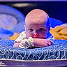 Lilith is registered to the contest to win money with this photo: arms, baby, bedroom, blanket, blue, calm, closeup, curious, cute, face, head_support, indoor, infant, lying_down, pattern, pillow, portrait, resting, soft_lighting, young_child