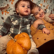 Xavier joined the competition — help win amazing prizes! child, children, baby, toddler, pumpkin, toy, smile, happy, plaid_shirt, sweater, blanket, pattern, autumn, fall, cute, indoors, cozy, family, portrait, playing