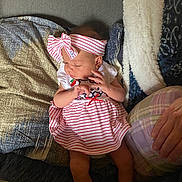 Gracelynn joined the competition — help win amazing prizes! baby, infant, dress, headband, striped_clothing, pillow, couch, hand, indoor, person, child, fabric, textile, cute, seated, soft_lighting, cozy, relaxed, skin, human