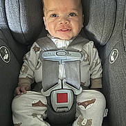 Bangaly is registered to the contest to win money with this photo: baby, car_seat, smile, pajamas, animal_print, child, infant, safety_harness, seatbelt, cute, happy, indoors, person, clothing, fabric, seat, head, face, small_child, comfort