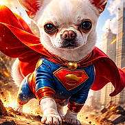 Guizmo participe au concours pour gagner de l'argent avec cette photo : dog, chihuahua, superhero_costume, cape, superman_logo, cityscape, rubble, sunlight, dramatic_lighting, close_up, costume, animal, pet, fur, ears, paw, outdoor, sky, action_pose, heroic